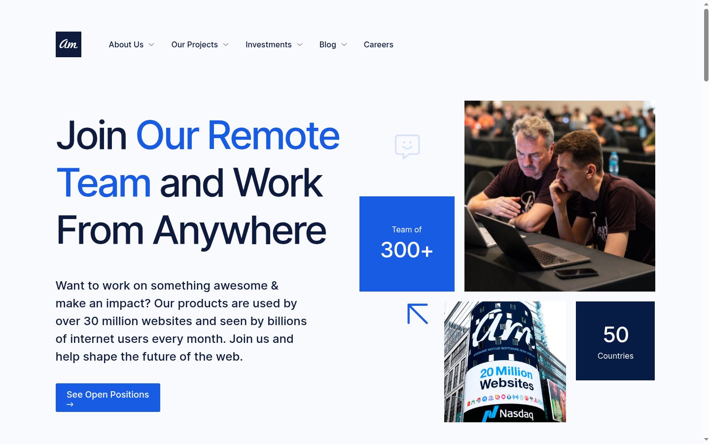 Awesome Motive career page listing open remote roles, August 2026